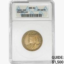 1893 Isabella Silver Quarter ANACS MS62