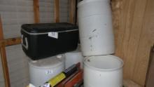 4 Large plastic water bins and large Coleman cooler