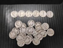 (27) USA MERCURY DIMES - (6) 1920, (5) 1923, (2) 1924, (1) 1925, (2) 1926, (5) 1927, (1) 1928 AND (5