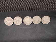 (5) USA BERBER STANDING LIBERTY QUARTERS 1900, 1908, 1909, 1915 AND ONE 1920s