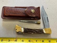 915 Puma Emperor Stag German Handmade Folding Hunting Knife w/ pouch and knife steel