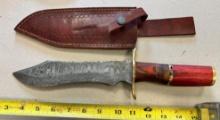 Heavy Damascus Sheath knife, no maker, nice file work on blade and handle, w/ sheath