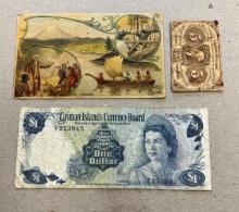 Cayman Islands $1 note, 5 Cent Postal Currency, and Vintage Arbuckle Coffee trading card no. 19