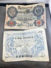 Tunisie Cinq Francs and 1907 Reichsbanknote