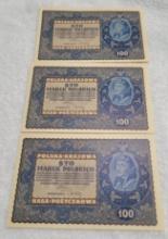 3- 1919 Poland 100 Marek Banknotes, UNC w/ sequential serial numbers