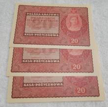 3- 1919 Poland 20 Marek Banknotes, UNC w/ sequential serial numbers