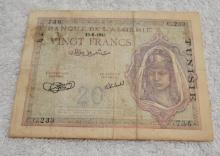 1943 Tunisia 20 Francs Banknote