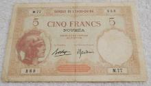 1926 New Caledonia 5 Francs Banknote