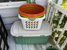 Rubbermaid tote and various laundry baskets