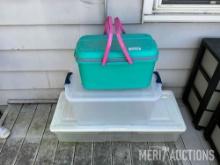 2 plastic totes and a thermal picnic basket