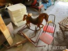 2 kids chairs, poly storage drawer, poly horse