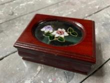 JEWELRY BOX - WOOD, WITHK GREEN FLORAL WINDOW