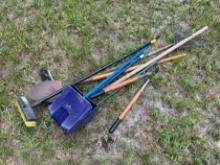 LOT - ASSORTED LAWN TOOLS, BROOMS, SHOVERL, RACK, ETC (@ PRIMROSE LOCATION)