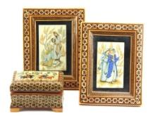 Lot Of 3 Persian Fine Paintings With Handmade Inlaid Frames