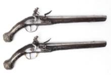 Brace of Silver Inlaid & Engraved Flintlock Cavalry Pistols, Late 18th c.