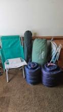 camping tent, sleeping bags, chairs, etc