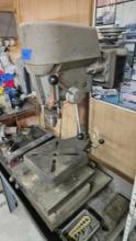 Drill press, vise, workbench and contents