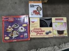 Hamburger press, and cake and cupcake pans