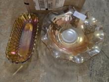 Roughled edge carnival glass bowl and oval carnival glass dish