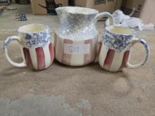 Red white and blue pitcher w 2 mugs