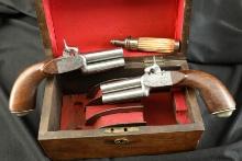 Antique Engraved & Cased Pair of Double Barrel Over/Under .40 Caliber Boxlock Percussion Pistols