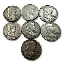 Lot of 7 Silver Franklin Half Dollars 90% Silver