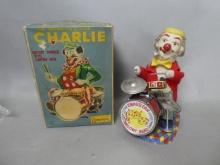 c1950's Cragstan Drumming Clown Charlie Battery-Op Tin Toy in Box