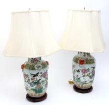 Chinese Rose Medallion Porcelain Floral Motif Temple Jar Table Lamps