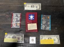 RARE SILVER CERTIFICATES, $2, RARE 1876 SEATED LIBERTY DIME, UNCIRCULATED COINS AND ZIRCON STONE