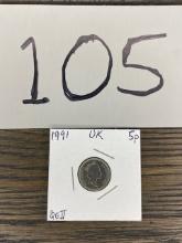 1991 United Kingdom 5 Pence Coin with Queen Elizabeth II in Paper Flip