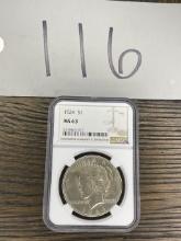 1924 US $1 Coin Peace Dollar 90% Silver Graded MS 63 by NGC in Sealed Hard Plastic Case