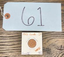 1943 Canadian One Cent WWII in Paper Flip 98% Copper, King George VI