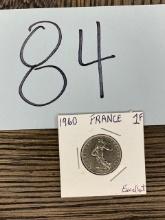 1960 France One Franc Coin in Paper Flip, Liberte Egalite Fraternite