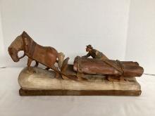 Wood Carved Horse Pulling Logging Sled