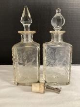 Two Decanters with Etched Bird Design and Liquor Pour Spout