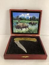 Rostfrei Folding Knife with Buffalo Pattern in Wood Case