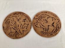 Hand Crafted Cut Wood Buffalo Nickel Replica Plaques/Trivets