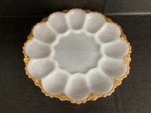 Vintage Milk Glass Egg Plate with Gold Edge