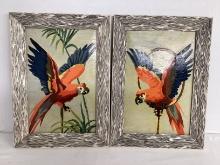 Pair of Vintage Framed Paint by Numbers Parrots