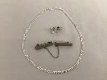 Sterling Silver Chain, Earrings with Crystals, and Pins