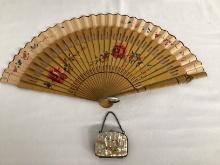 Vintage Mother of Pearl Coin Purse and Painted Hand Fan