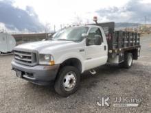 2002 Ford F550 Flatbed Truck Runs & Moves) (Cracked Windshield) (Seller States: Front end noise. Ove