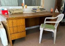 8 foot wood desk with the sorted paper and fax machine included