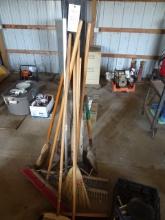 SEVERAL SHOP BROOMS & DUST PANS