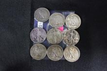 9 - 1940s Walking Liberty Half Dollars; Avg. Circ.; 9xBid