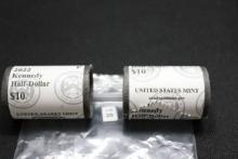 Pair of Unc. 2022 Kennedy Half Dollar Rolls including P and D; $20 Face Value