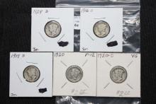 Group of 5 Mercury Dimes including 1916-S, 1919-D, 1920, 1920-D, and 1928-D