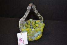 Unmarked Handblown Yellow/Blue Spatter Art Glass Basket; 6"