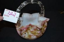 Unmarked Handblown Pinks/Brown Spatter Art Glass Basket; 6"