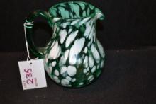 Handblown Art Glass Pitcher in Green w/White Dot Pattern; 5"